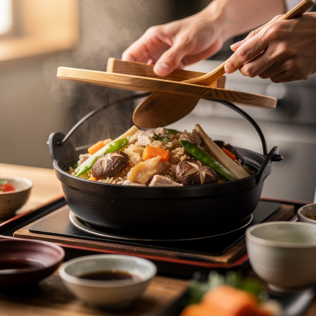 OKAN DINER's signature Kamameshi, a traditional Japanese rice dish served in an iron pot, San Diego