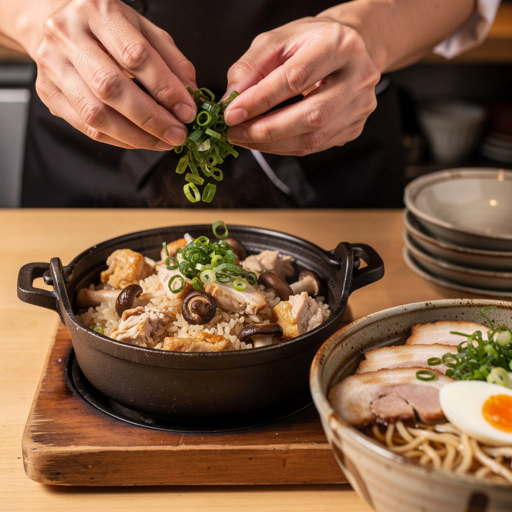 OKAN DINER signature Japanese dishes including kamameshi, udon, and yakitori presented authentically